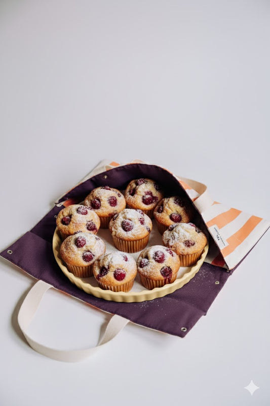 Muffins on a tray in a stripy cake carrier.
