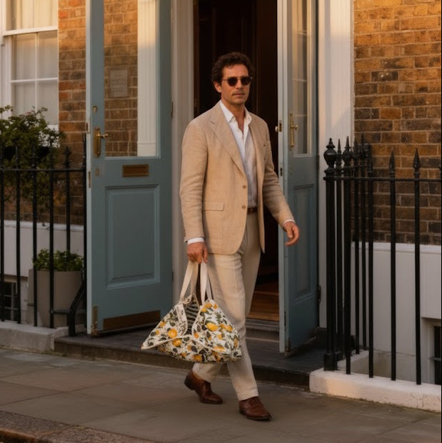 Man in a beige suit walking out of a building with a lemon cake carrier bag