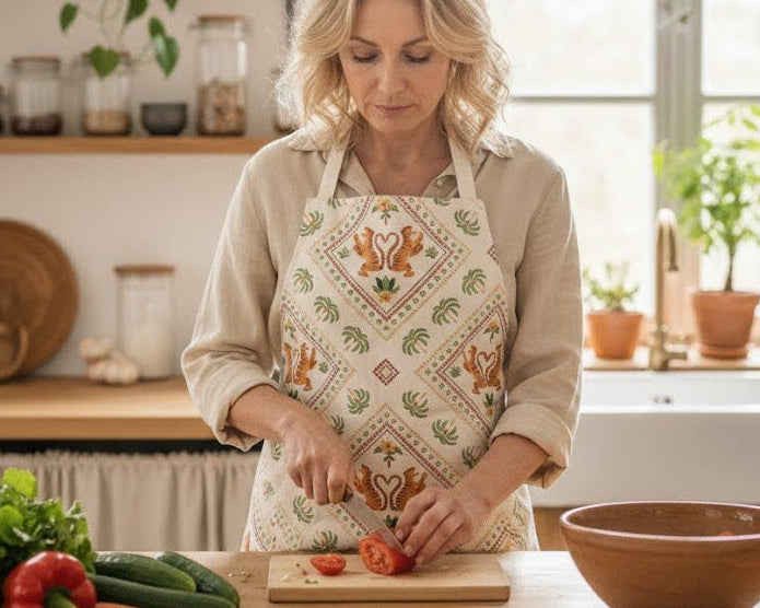 Blond woman wearing hipnotic tiger kitchen Apron and cuttin vegetables