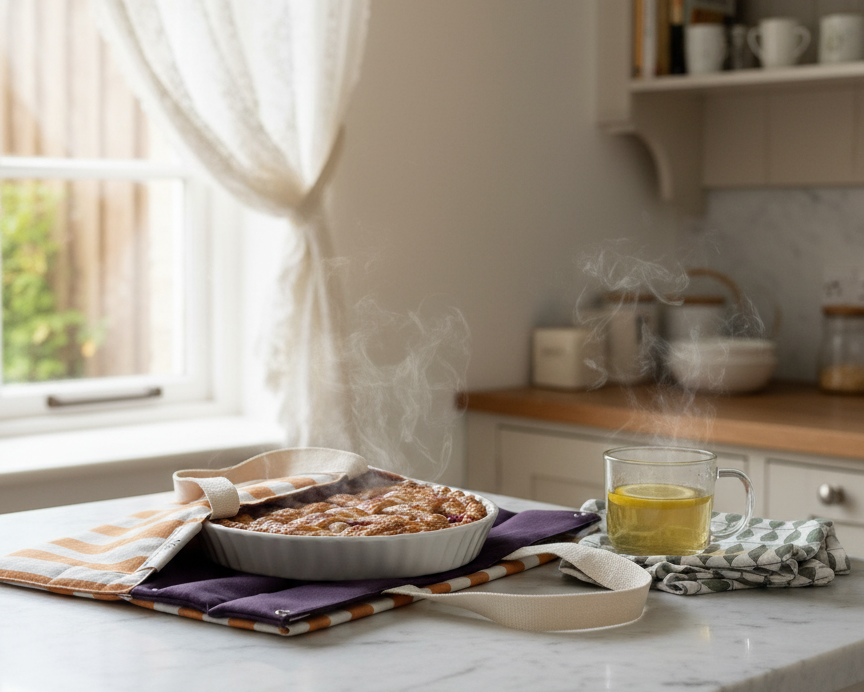 Cake Carrier with a pie, lies down on a kitchen counter