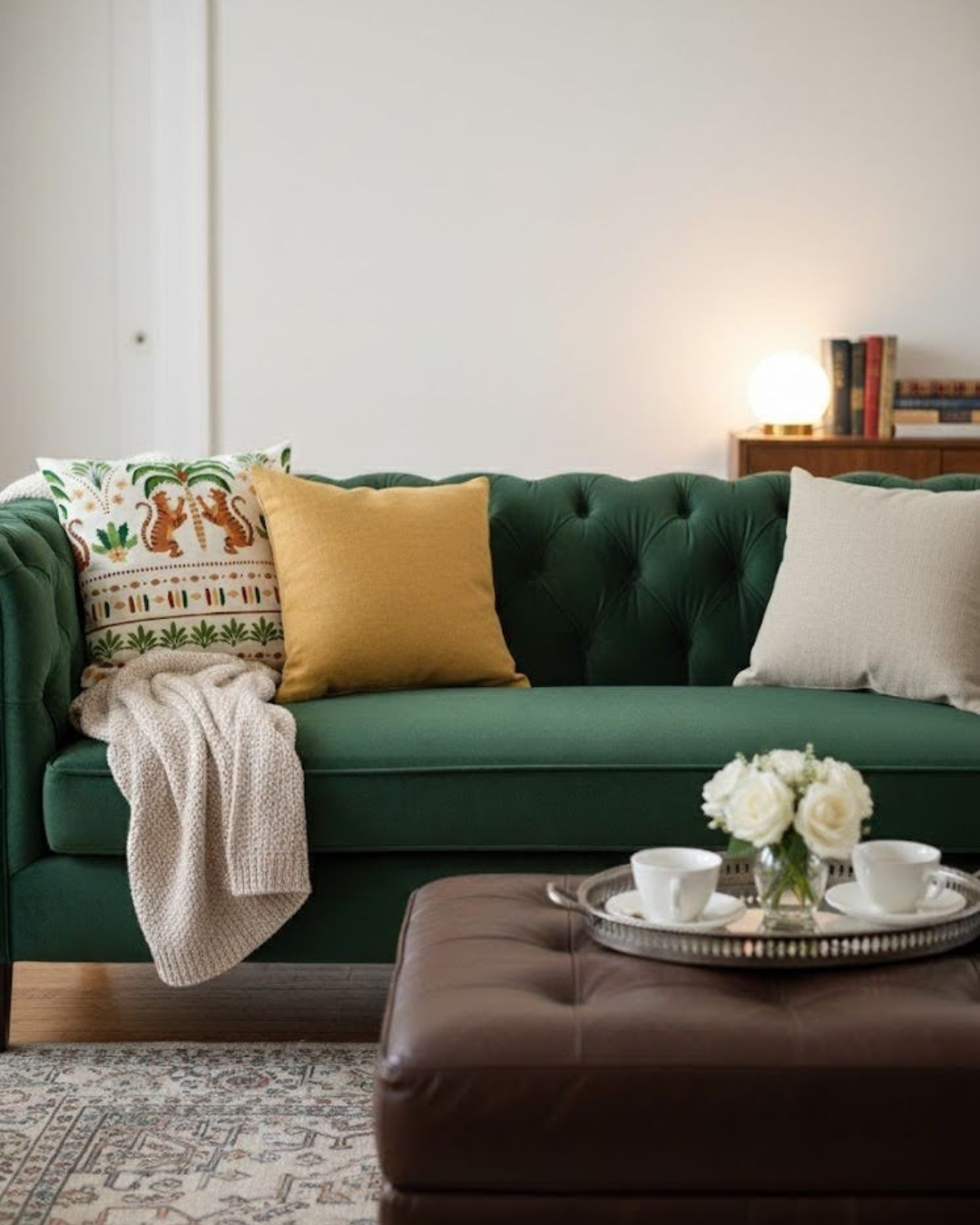 Cotton Cushion cover Tiger Roar  on a green sofa 