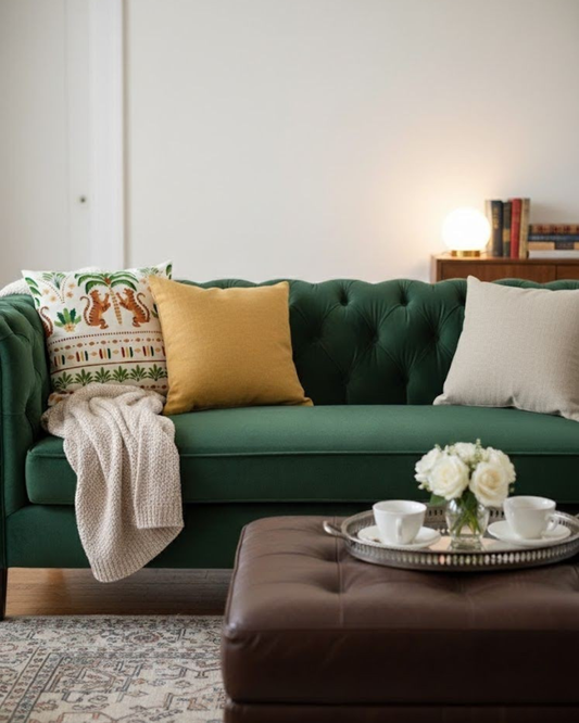 Cotton Cushion cover Tiger Roar  on a green sofa 