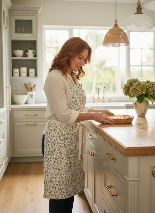 WOman wearing Cotton Kitchen Apron Forget- Me-Not in light kitchen