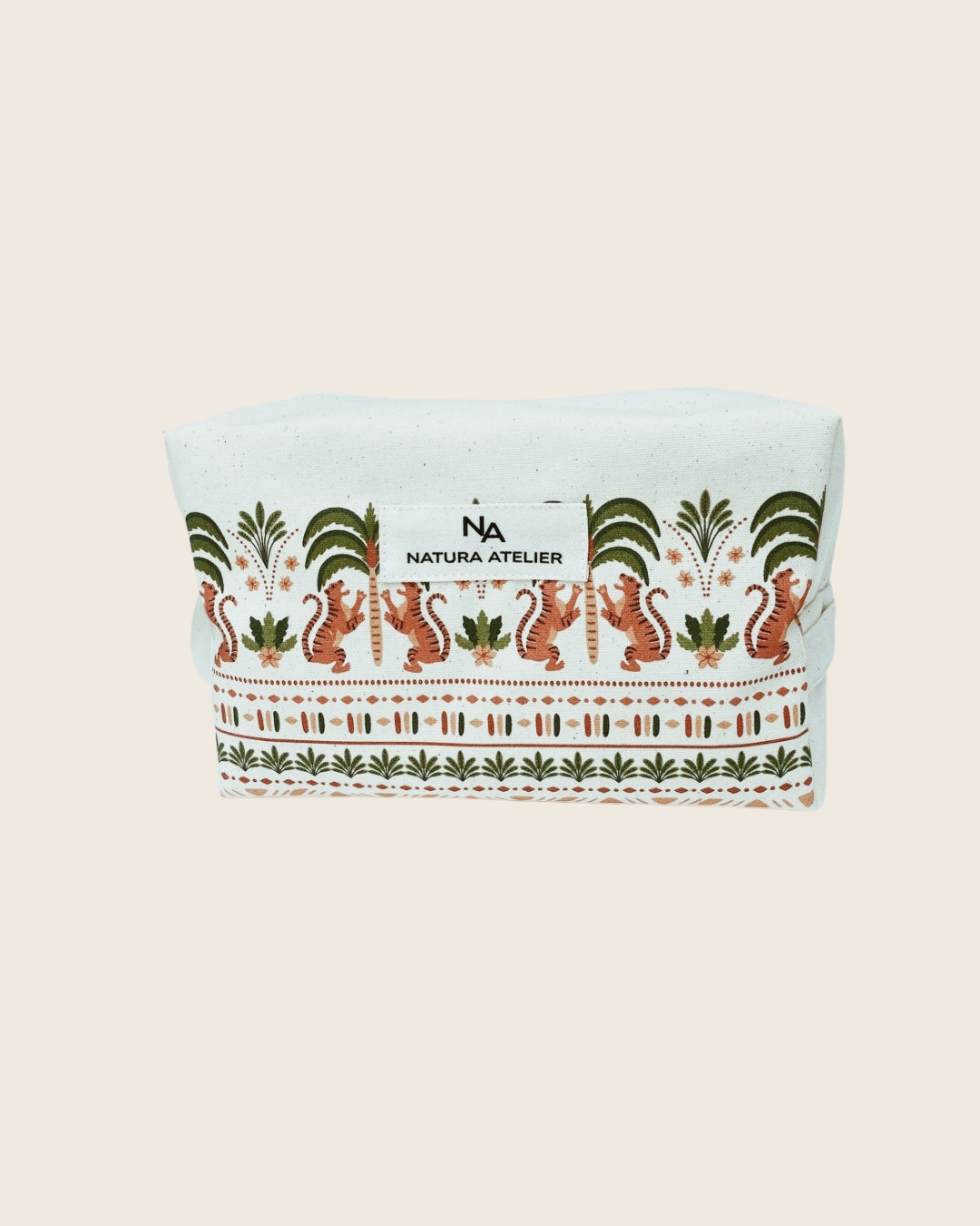 Cotton toiletry bag with  animal pattern and Natura Atelier branding on a beige background