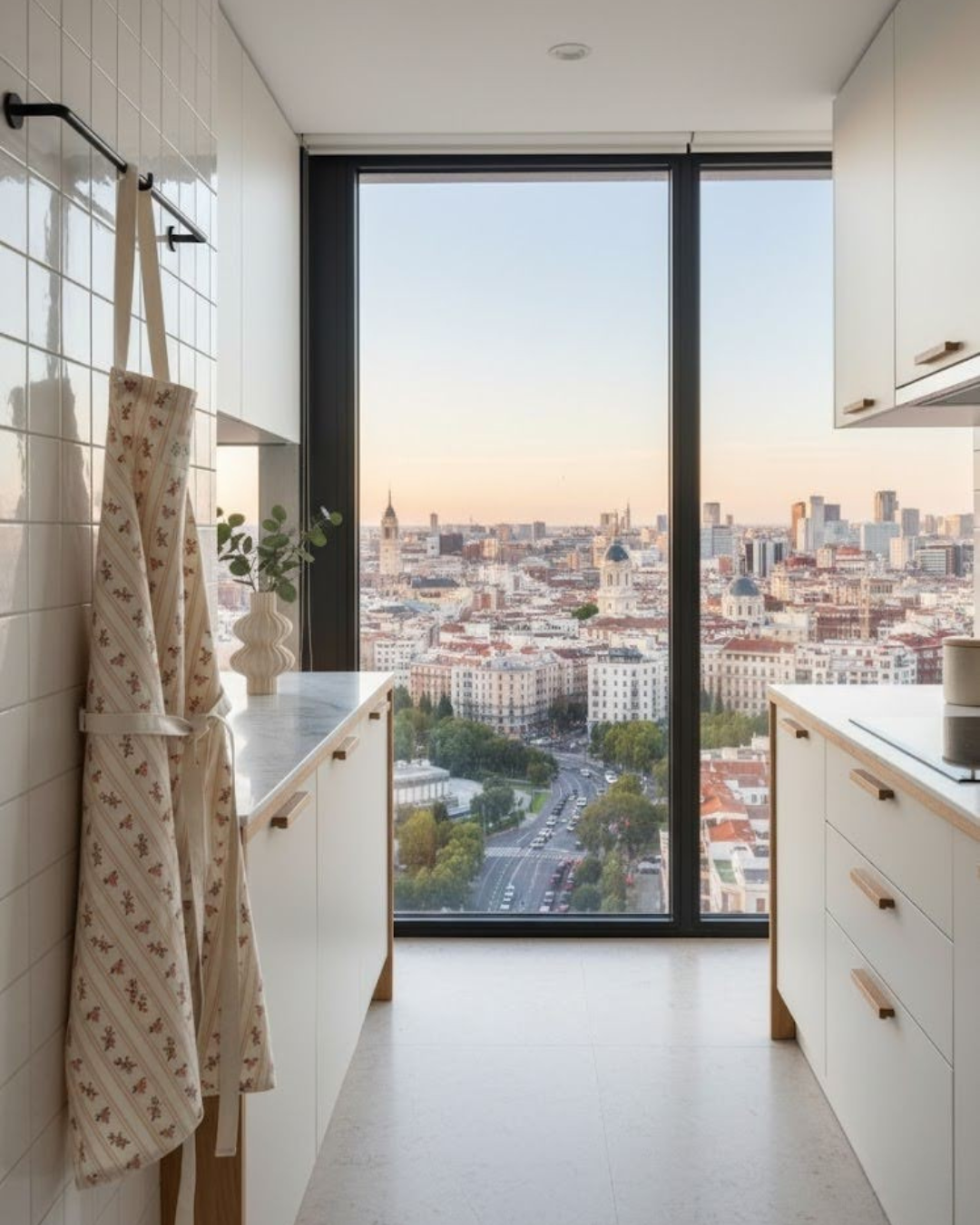 Kitchen Apron French Farmhouse  hanging in the kitchen with city view 