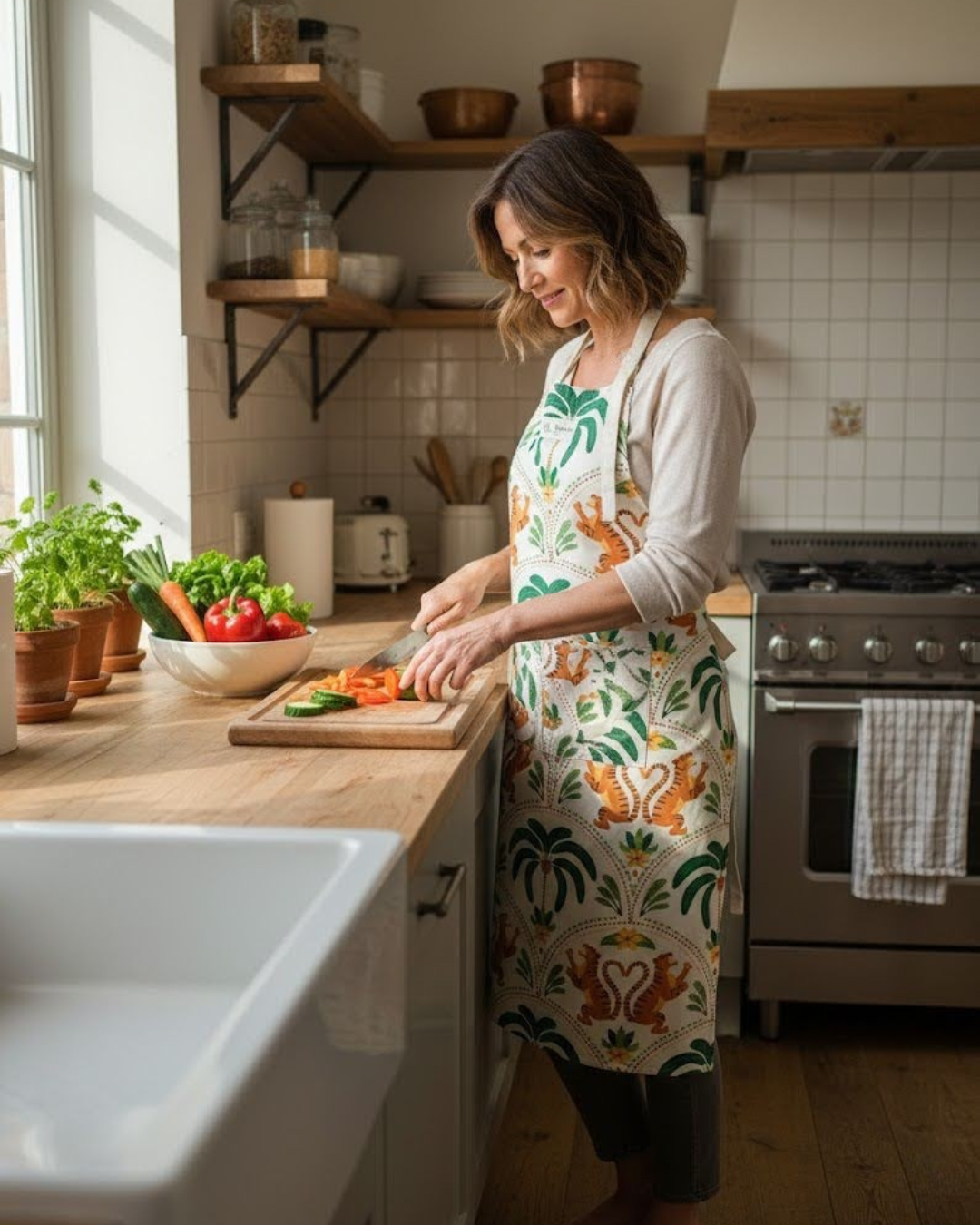 Woman in kitchen wearing cotton apron with tiger print