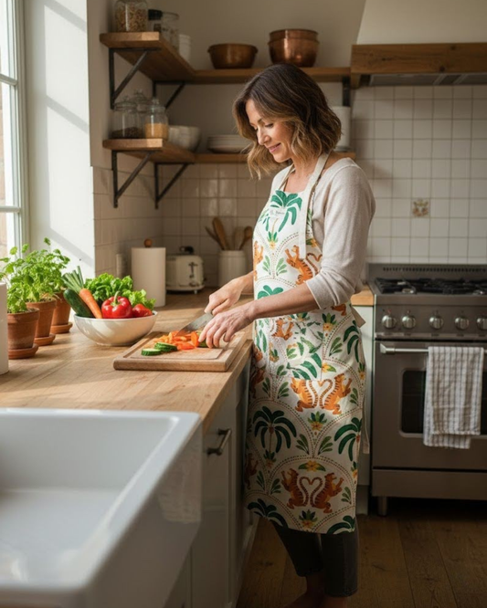 Woman in kitchen wearing cotton apron with tiger print