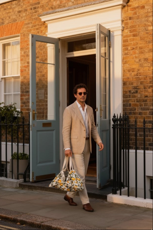 Man in a beige suit walking out of a building with a lemon cake carrier bag