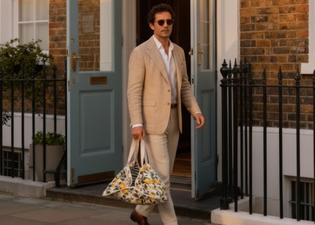Man in a beige suit walking out of a house with a cake carrier bag in lemon print. 