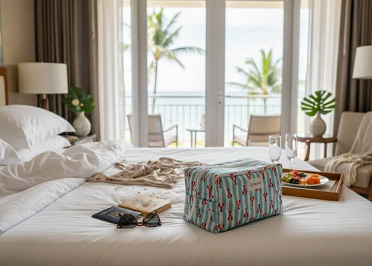 Lobster toiletry bag in a hotel room, laying on the bed