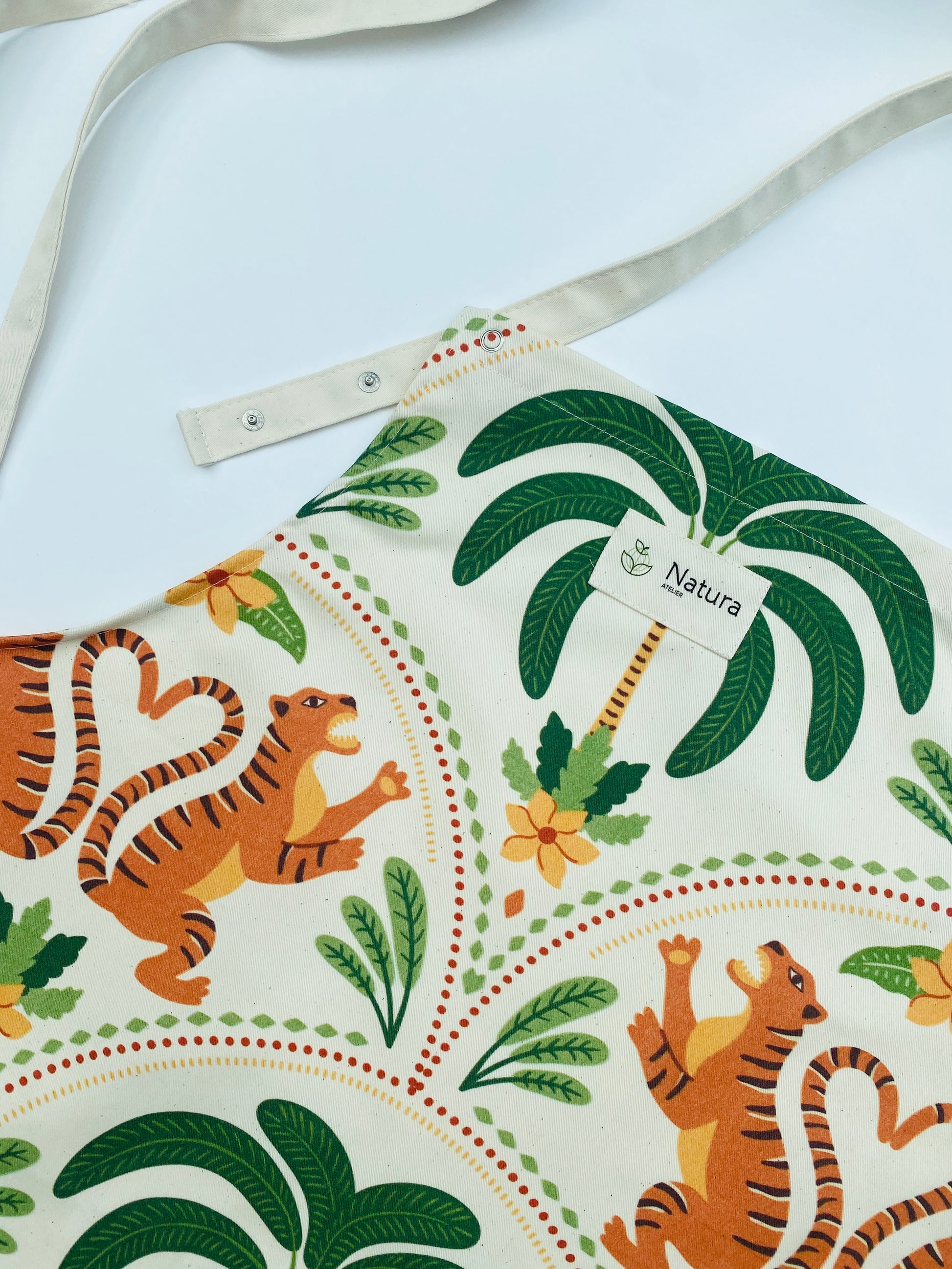 Tiger Love cotton kitchen apron with nap buttons at neck tie