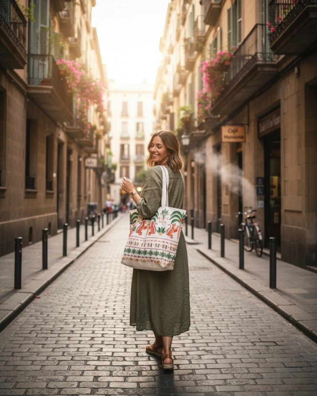 Woman walking down a sunlit street holding a pattern tiger cotton bag