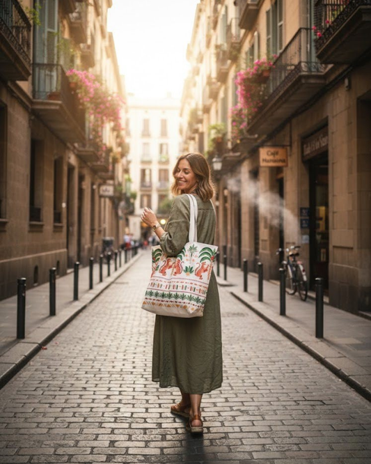 Woman walking down a sunlit street holding a pattern tiger cotton bag
