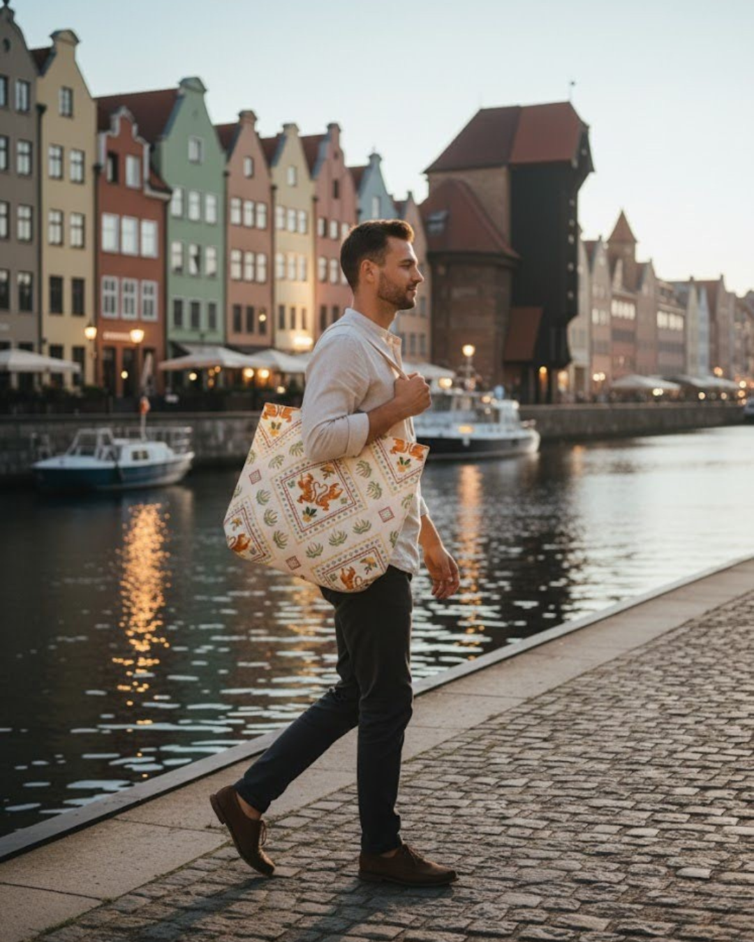Man walking along Motława waterfront with colorful buildings and a crane in the background, holding hipnotic tiger cotton bag