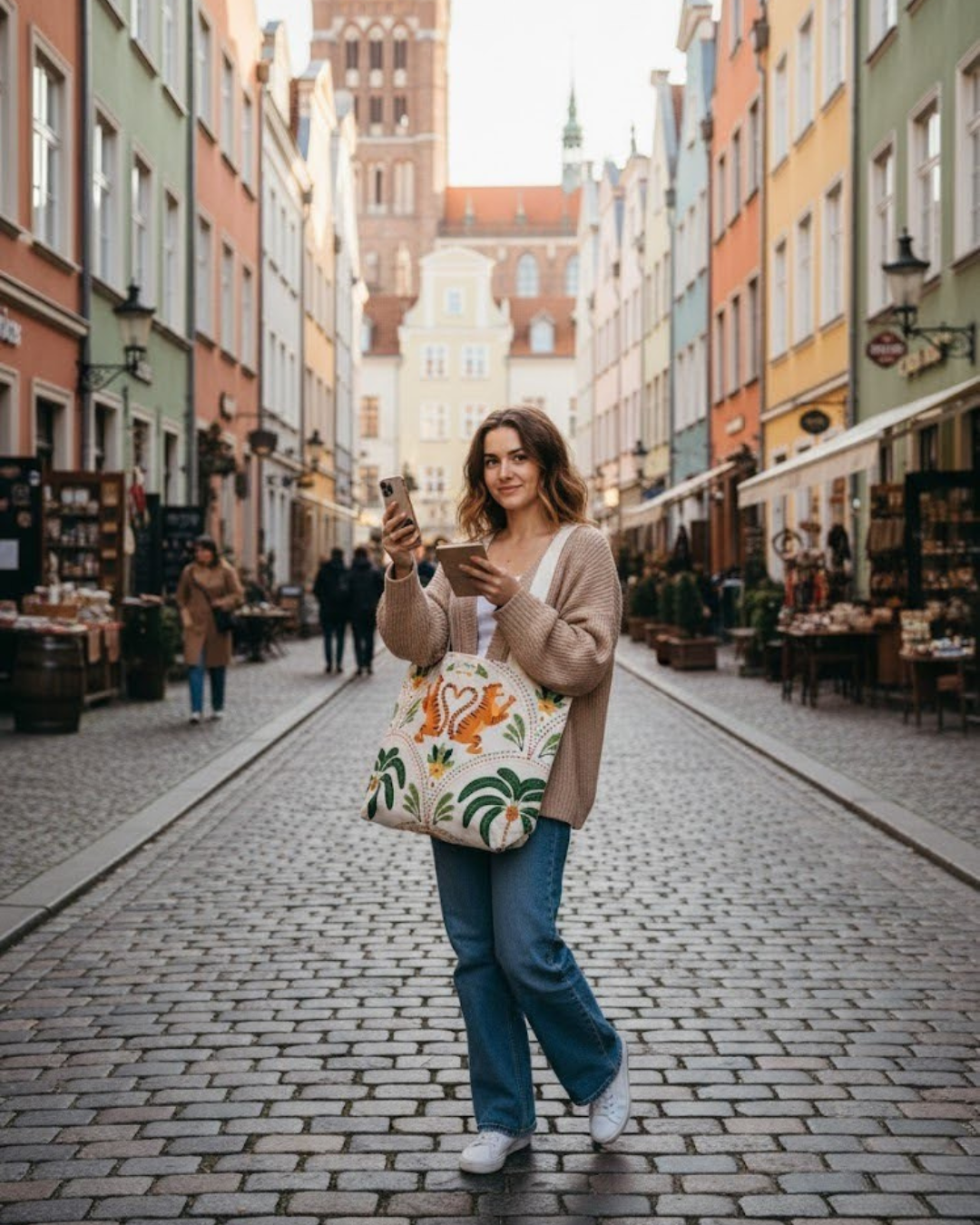 Woman walking down a colorful street  in Gdansk holding a phone and a patterned bag from Natura Atelier