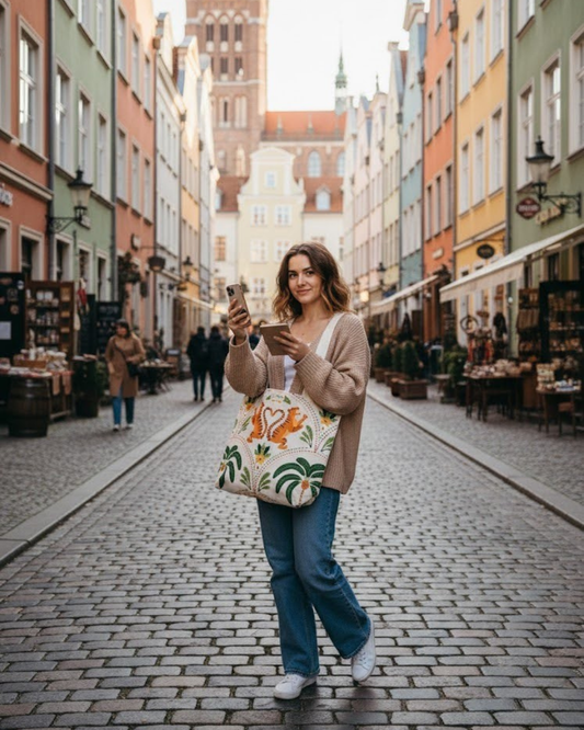 Woman walking down a colorful street  in Gdansk holding a phone and a patterned bag from Natura Atelier