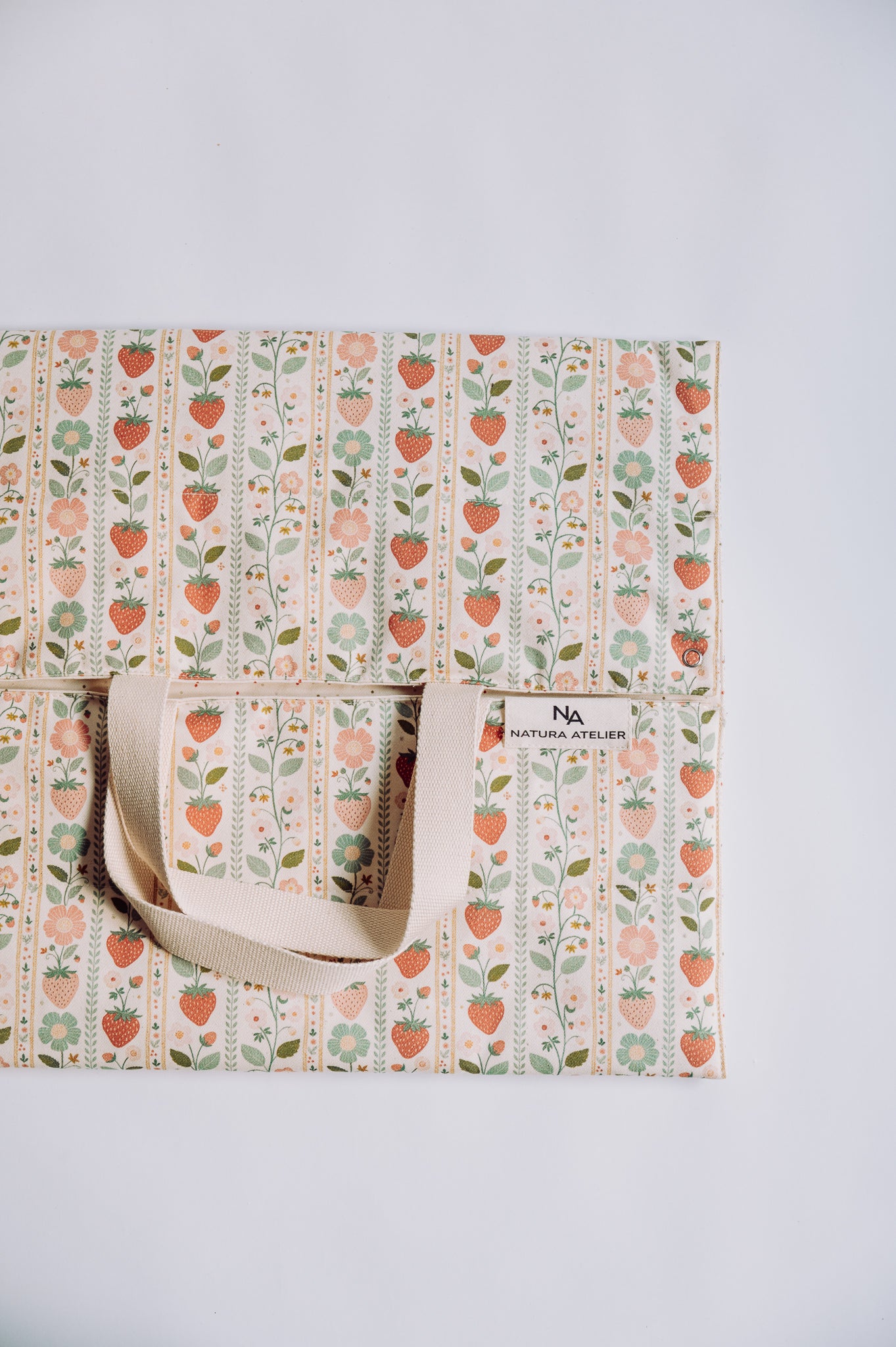 Reusable Vintage Strawberries Cake Carrier Bag  with strawberry pattern on a light gray background