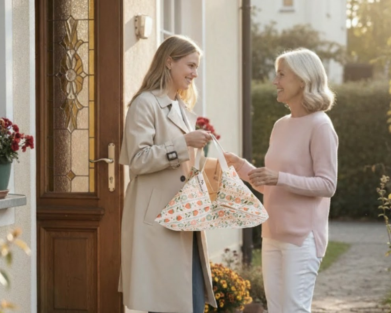 Two women standing outside a house, one handing a vintage strawberry quiche carrier to the other. Natura Atelier