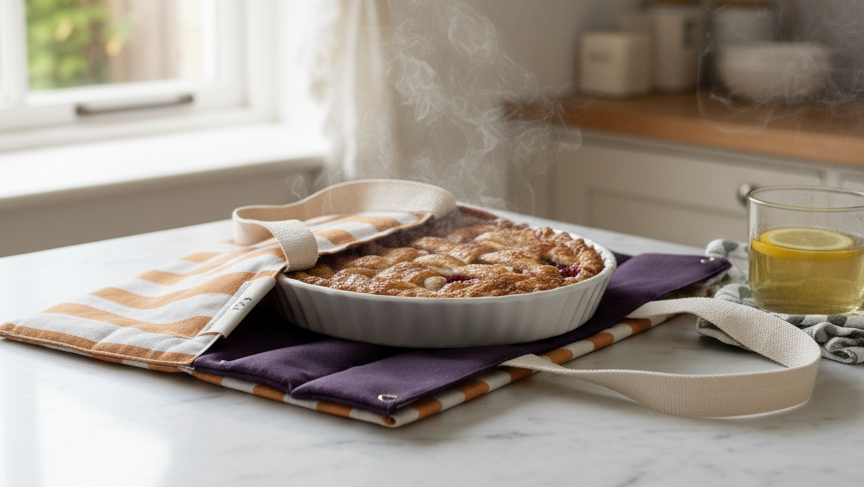 Baked dish on a marble countertop with a kitchen setting