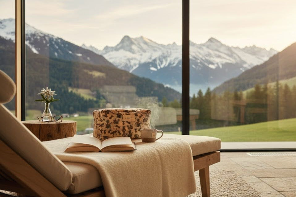 monkey business toiletry bag  laying on a chair with mountain view